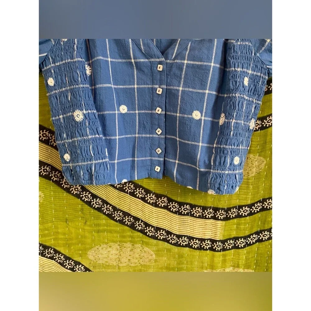 Madewell Hermitage Blue Embroidered Puff Sleeve Window Pane Crop Top 2